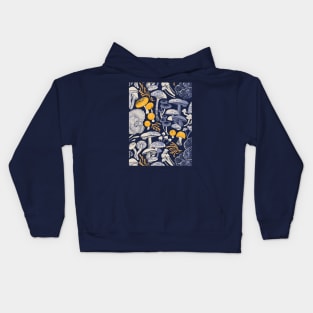 Mystical fungi // midnight blue background ivory pale blue and yellow wild mushrooms Kids Hoodie